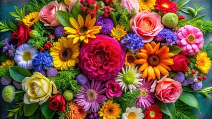 A vibrant floral arrangement with diverse flowers and foliage intertwined together in a harmonious composition, representing unity and diversity , flowers, interweave