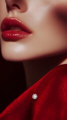 Close-up of a woman's face with vibrant red lipstick and a diamond pin.