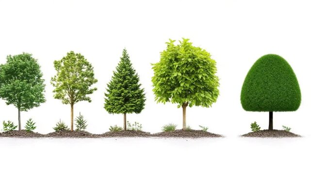 Various tree types displayed in a row showing growth stages and foliage differences