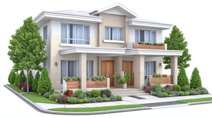 Modern Two Story House with Beige and White Exterior and Lush Landscaping