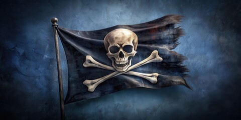 Naklejka premium A pirate flag with a skull and crossbones emblem on a dark blue background, ocean, danger, ocean, danger,Skull and crossbones
