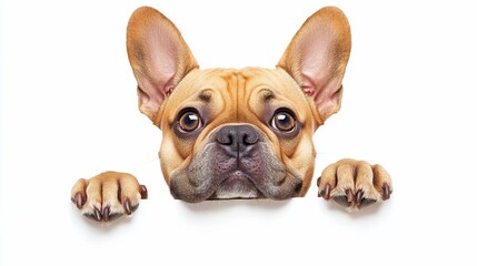 Obraz premium Cute fawn French bulldog puppy peeking over white background.