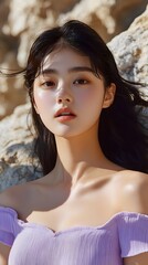 Close-up portrait of a young woman with striking features.