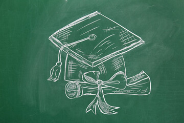 Drawn graduation hat with diploma on green chalkboard