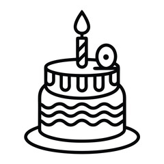 Line art icon of birthday cake with candle isolated on white background