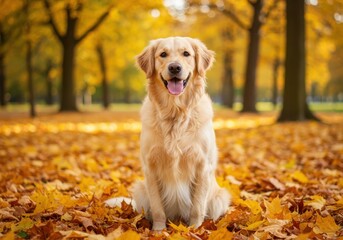 Golden retriever sitting in autumn leaves outdoors