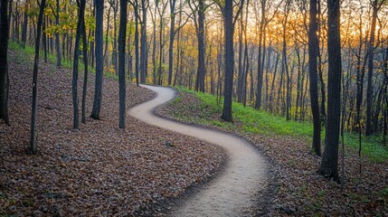 Obraz premium Winding path through autumnal forest at sunset.