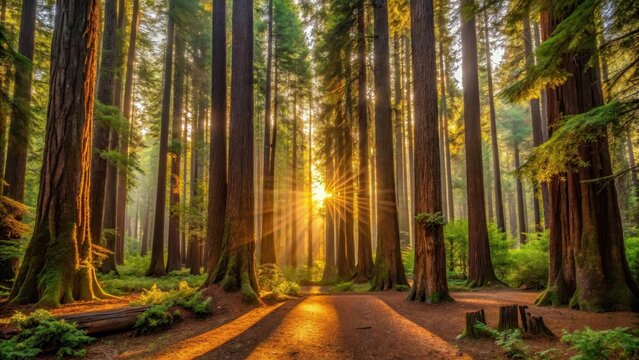 A serene landscape with a warm sunrise over the redwood forest at UC Santa Cruz, university, campus,  university - Powered by Adobe