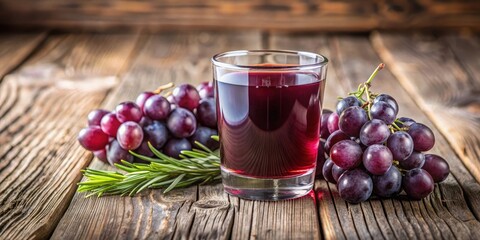 Fresh glass of purple grape juice on a wooden table, with a few grapes and a sprig of rosemary in the background