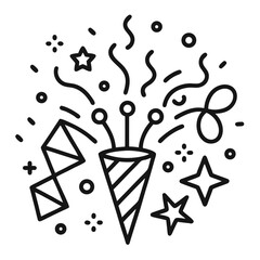 Line art icon of confetti and streamers isolated on white background
