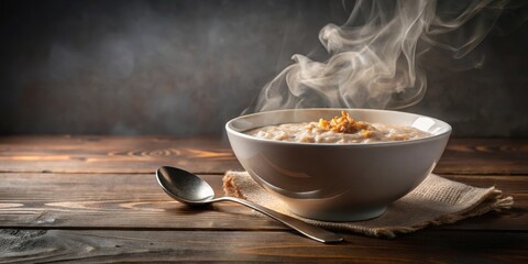 A bowl of steaming hot cereal with three spoons , spoon, cereal