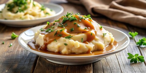 Serving of creamy mashed potatoes topped with savory gravy, food styling, comfort food,  food styling, comfort food