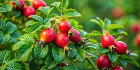 rose hips flowers in the dense green foliage of the bush close-up, foliage, rose hips