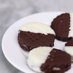 Delicious homemade chocolate ice cream sandwich cookies half dipped in white chocolate, served on a white plate over a marble background. A perfect frozen dessert or sweet treat for summer