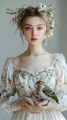 A young woman in a floral dress holds a bird, adorned with a delicate flower crown.