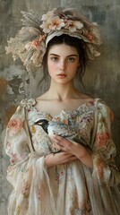 A young woman in a floral dress holding a bird, adorned with a delicate floral headpiece.
