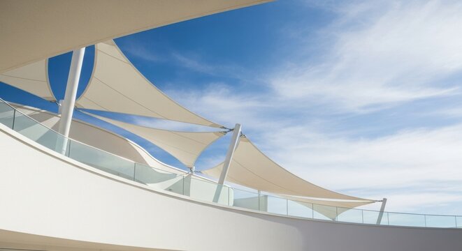 A modern architectural structure featuring white tensile fabric canopies providing shade against a bright blue sky with wispy clouds.