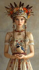 A young woman adorned in a floral-patterned dress and ornate headpiece.