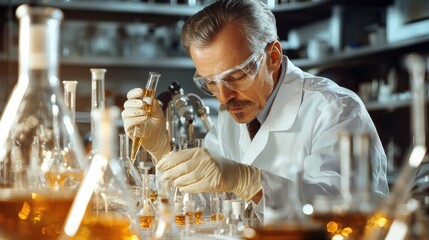 A focused chemist in a laboratory setting performing a careful experiment to analyze and measure the of a solution