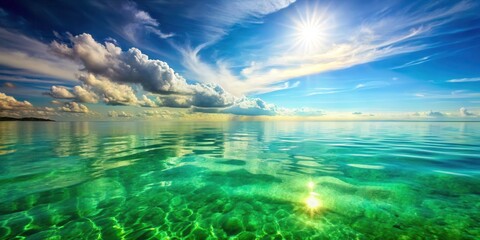 Tranquil ocean scene with green water reflections in the sunlight, ocean scenery, soothing ocean