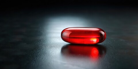A single red pill lies on a dark reflective surface, with subtle rippling effects from the surrounding darkness, creating an eerie and mysterious atmosphere , reflective, mystery