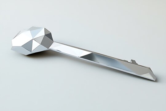 A futuristic silver key with a geometric head lying on a white surface in a studio setting - Powered by Adobe