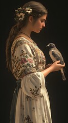 A young woman in a floral dress holds a small bird.