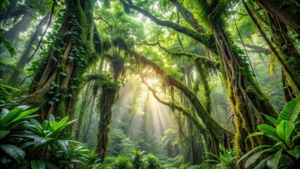 Dense jungle canopy with vines and epiphytes overgrown on ancient tree trunks