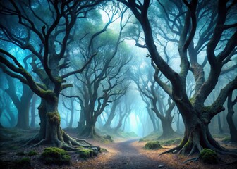 Fototapeta premium A dimly lit forest with twisted trees and foggy atmosphere