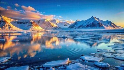 Frosty sea ice with snow-covered mountains reflecting pale blue light