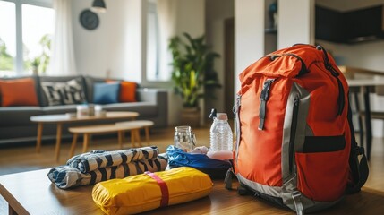 Emergency backpack equipment organized on the table in the living room
