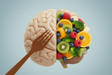 human brain with fruit on  background, Brain with fruits, concept of healthy living and eating healthy food, with copy space 