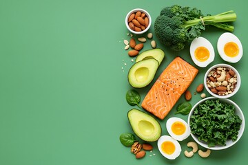 Keto diet concept - salmon, avocado, eggs, nuts and seeds, bright green background, top view, with copy space fresh vegetables on a green background 