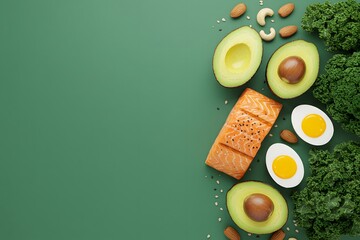 Keto diet concept - salmon, avocado, eggs, nuts and seeds, bright green background, top view, with copy space 