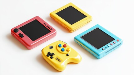 Colorful assortment of handheld gaming devices showcasing retro-inspired design