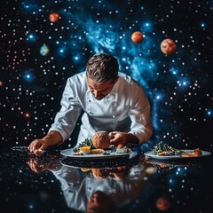 Obraz premium Culinary artistry in outer space chef creating stunning dishes cosmic kitchen food photography galactic environment unique perspective