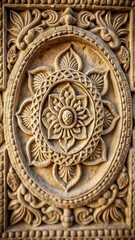 Ancient Hindu shrine's sacred symbol intricate stone carving detailed close-up