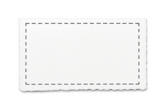 Torn white paper sheet featuring dashed border, lying on transparent surface, waiting for handwritten note or message