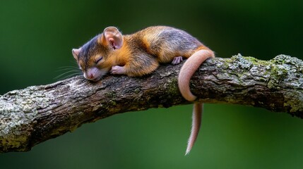 Obraz premium Adorable tiny rodent sleeping soundly on a tree branch.