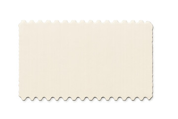 Blank off-white postage stamp with scalloped border, positioned on clear surface, awaiting personalized design