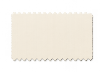 Blank off-white postage stamp with scalloped border, positioned on clear surface, awaiting personalized design