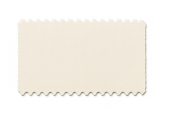 Blank off-white postage stamp with scalloped border, positioned on clear surface, awaiting personalized design