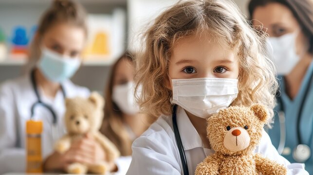 A healthcare professional patiently explains the benefits of vaccinations to a young patient providing comfort and reassurance with the help of a familiar teddy bear during the medical consultation