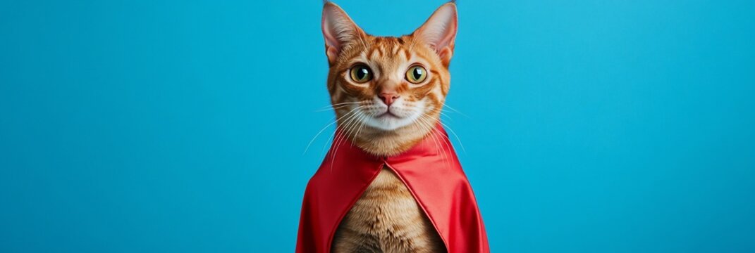 Cute ginger cat in a red superhero cape against a bright blue background.