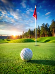 Obraz premium Close-Up of a Golf Ball on Lush Green Grass with a Flag in the Background on Golf Course