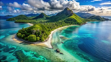 Fototapeta premium Island of Mokolii aerial view with crystal clear waters and white sandy beach surrounded by lush green mountains