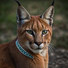 Obraz premium A close-up portrait of a caracal with a jeweled collar.