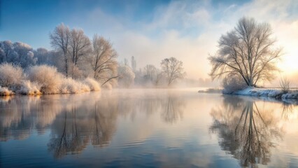 A serene misty winter morning on the river with fog slowly lifting from the water's surface