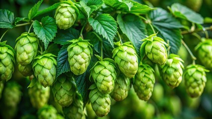 Obraz premium Dense cluster of emerald green hop cones suspended from a sturdy branch