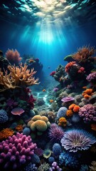 Obraz premium Dark seafloor landscape with scattered coral and anemones